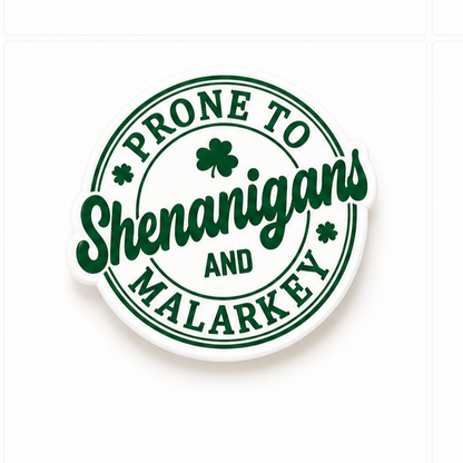 Saint Patrick’s Day plastic add-on featuring prone to shenanigans and malarkey shamrock design for compatible interchangeable badge reel bases