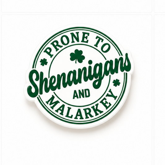 Saint Patrick’s Day plastic add-on featuring prone to shenanigans and malarkey shamrock design for compatible interchangeable badge reel bases
