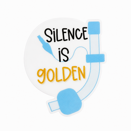 Silence is Golden plastic add-on with anesthesia-themed medical equipment design, compatible with interchangeable badge reel bases, perfect for CRNA and anesthesia provider accessories.
