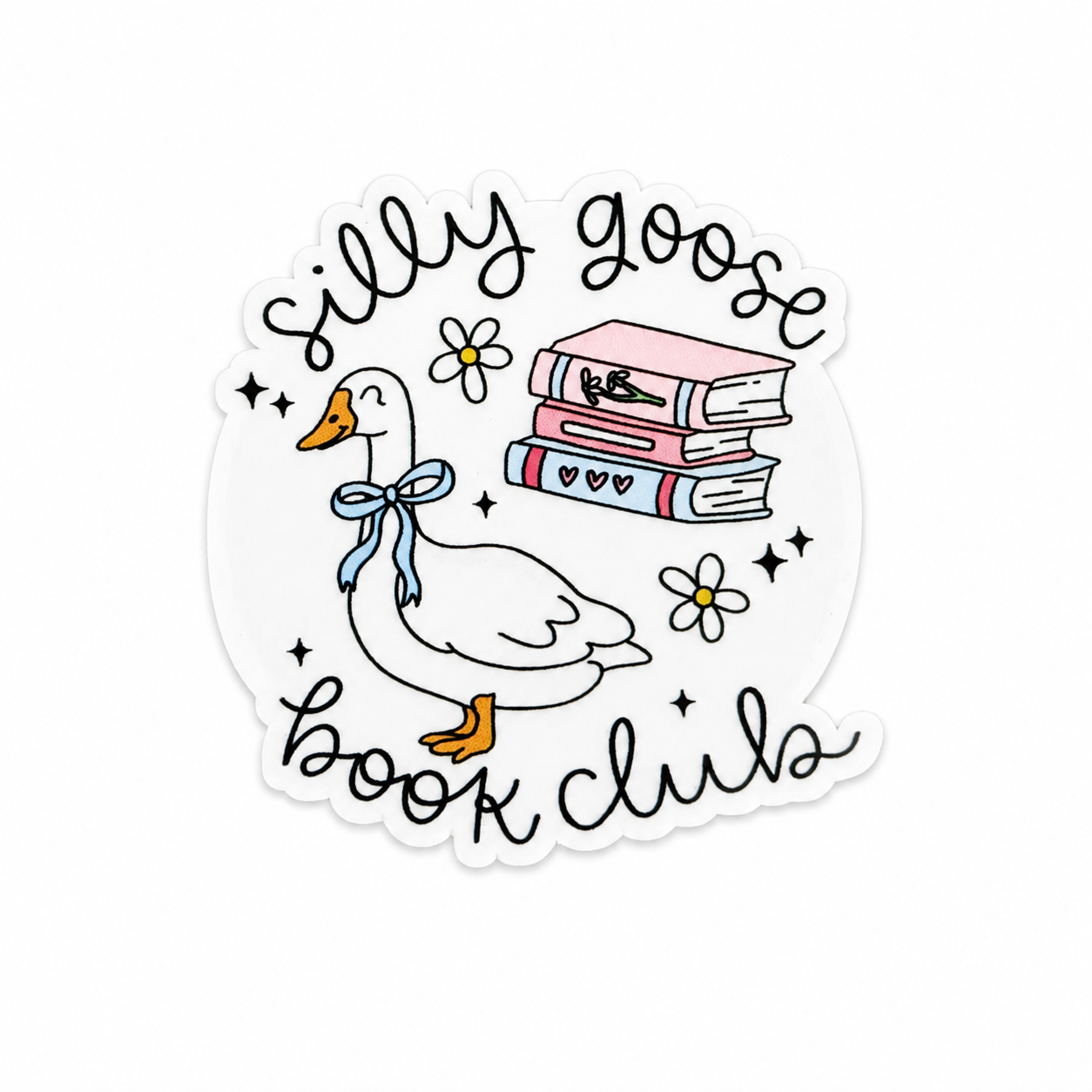 Plastic add-on featuring the text "Silly Goose Book Club" with a goose wearing a blue bow, stacked books, flowers, and whimsical details, compatible with interchangeable badge reel bases.