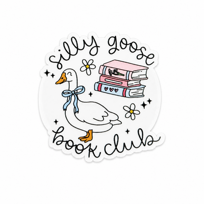 Plastic add-on featuring the text "Silly Goose Book Club" with a goose wearing a blue bow, stacked books, flowers, and whimsical details, compatible with interchangeable badge reel bases.