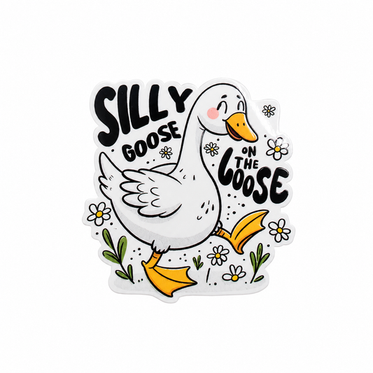 SILLY GOOSE ON THE LOOSE plastic add-on featuring a cute white goose with flowers, compatible with interchangeable badge reel bases and perfect for animal lovers