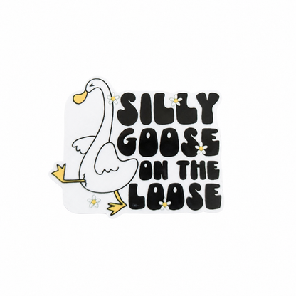 Silly Goose On The Loose plastic add-on featuring a cute white goose, retro black lettering, and daisy flowers, compatible with interchangeable badge reel bases, funny animal lover work badge accessory.