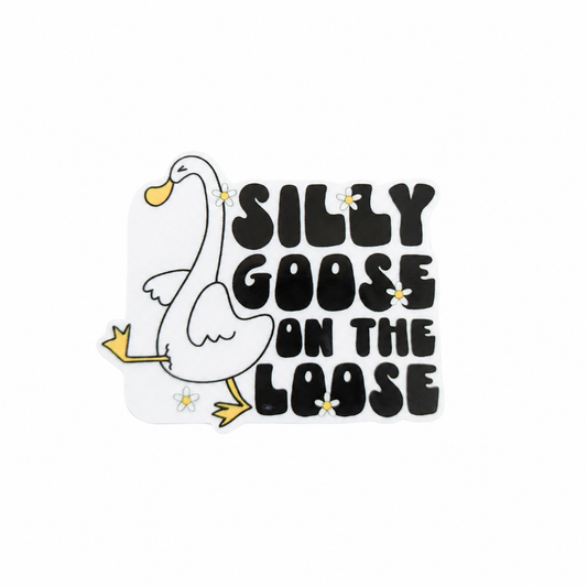 Silly Goose On The Loose plastic add-on featuring a cute white goose, retro black lettering, and daisy flowers, compatible with interchangeable badge reel bases, funny animal lover work badge accessory.