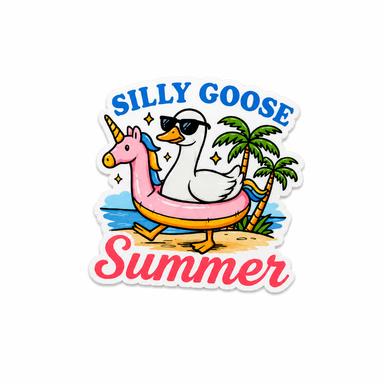 Silly Goose Summer plastic add-on with a cute goose wearing sunglasses on a unicorn floatie, beach palm trees, and summer theme, compatible with interchangeable badge reel bases