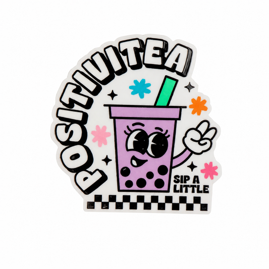 POSITIVEA plastic add-on featuring a cute smiling bubble tea cup with the words "SIP A LITTLE," compatible with interchangeable badge reel bases for boba tea lovers.