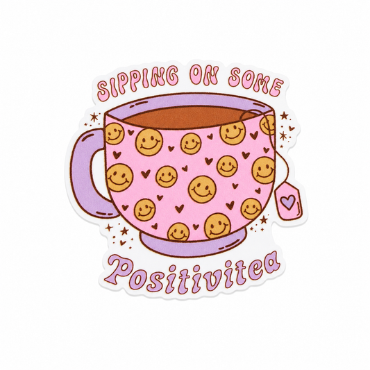 SIPPING ON SOME PositiviTea plastic add-on with pink tea cup, smiley faces, hearts, and sparkles, compatible with interchangeable badge reel bases, positive tea lover accessory.