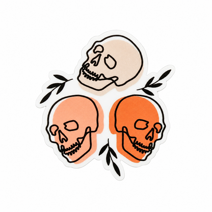 Skull plastic add-on with three skeleton skulls and black leafy accents, compatible with interchangeable badge reel bases, perfect spooky badge topper.