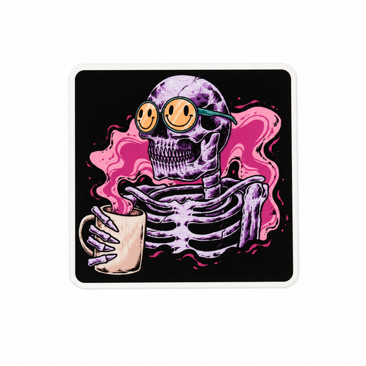 Skeleton coffee plastic add-on featuring a skeleton wearing smiley-face sunglasses holding a coffee mug, compatible with interchangeable badge reel bases.