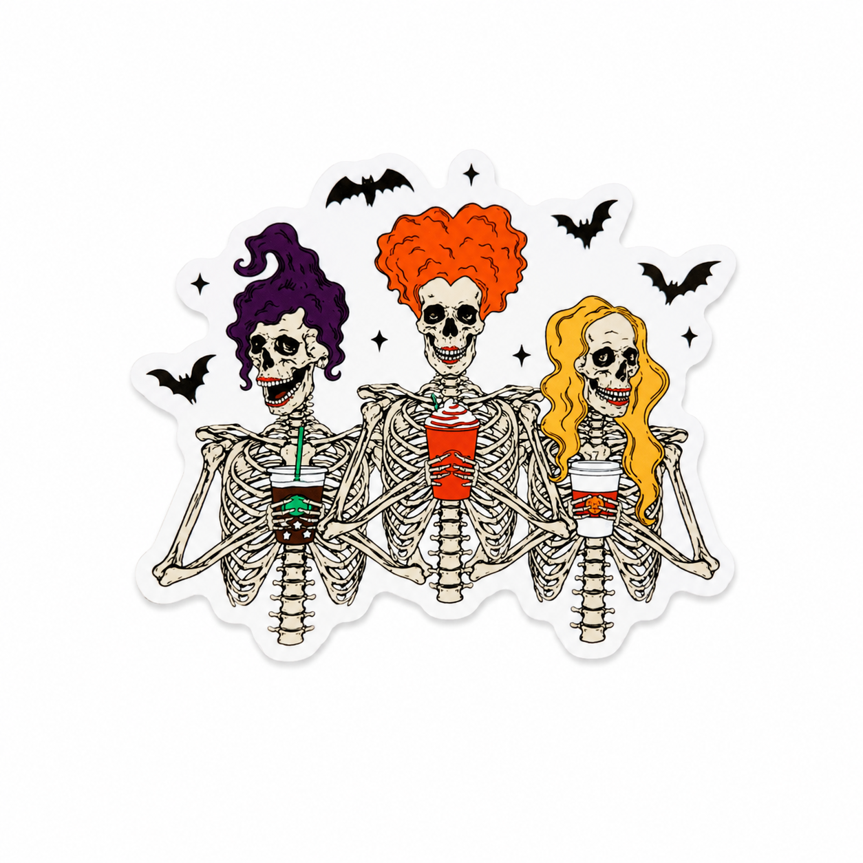 Skeleton Coffee Squad plastic add-on with three skeletons holding drinks and bats, compatible with interchangeable badge reel bases