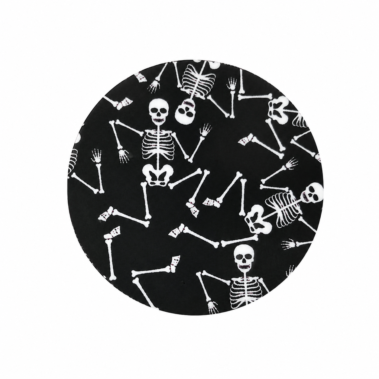 Dancing skeleton hard board add-on with white bones on a black background, compatible with interchangeable badge reel bases for radiology and ortho staff.