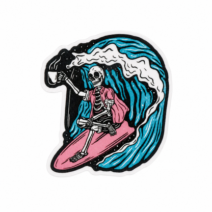 Skeleton surfer plastic add-on with blue ocean wave and pink surfboard, compatible with interchangeable badge reel bases for spooky beach lover accessory style.