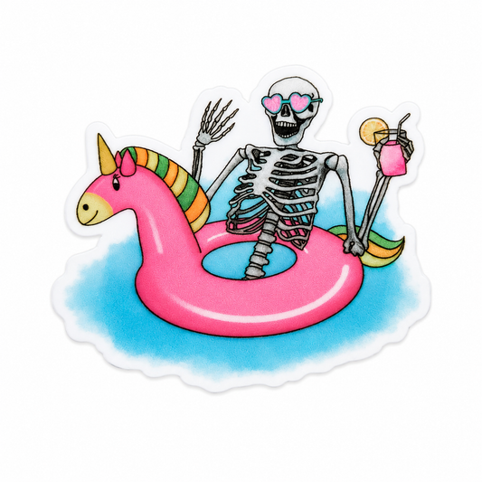 Skeleton Unicorn Float plastic add-on with skeleton wearing heart sunglasses, pink unicorn pool float, and drink, compatible with interchangeable badge reel bases.