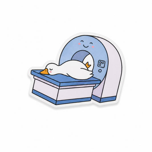 Cute sleepy goose plastic add-on resting in an MRI machine compatible with interchangeable badge reel bases for MRI techs and radiology staff.