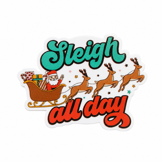 Sleigh all day plastic add-on with Santa sleigh, gifts, and reindeer, compatible with interchangeable badge reel bases, Christmas holiday work badge accessory.