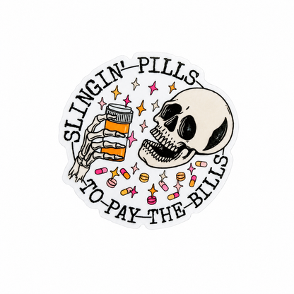 SLINGIN’ PILLS TO PAY THE BILLS plastic add-on with skeleton, pill bottle, and capsules, compatible with interchangeable badge reel bases, funny pharmacy badge accessory.