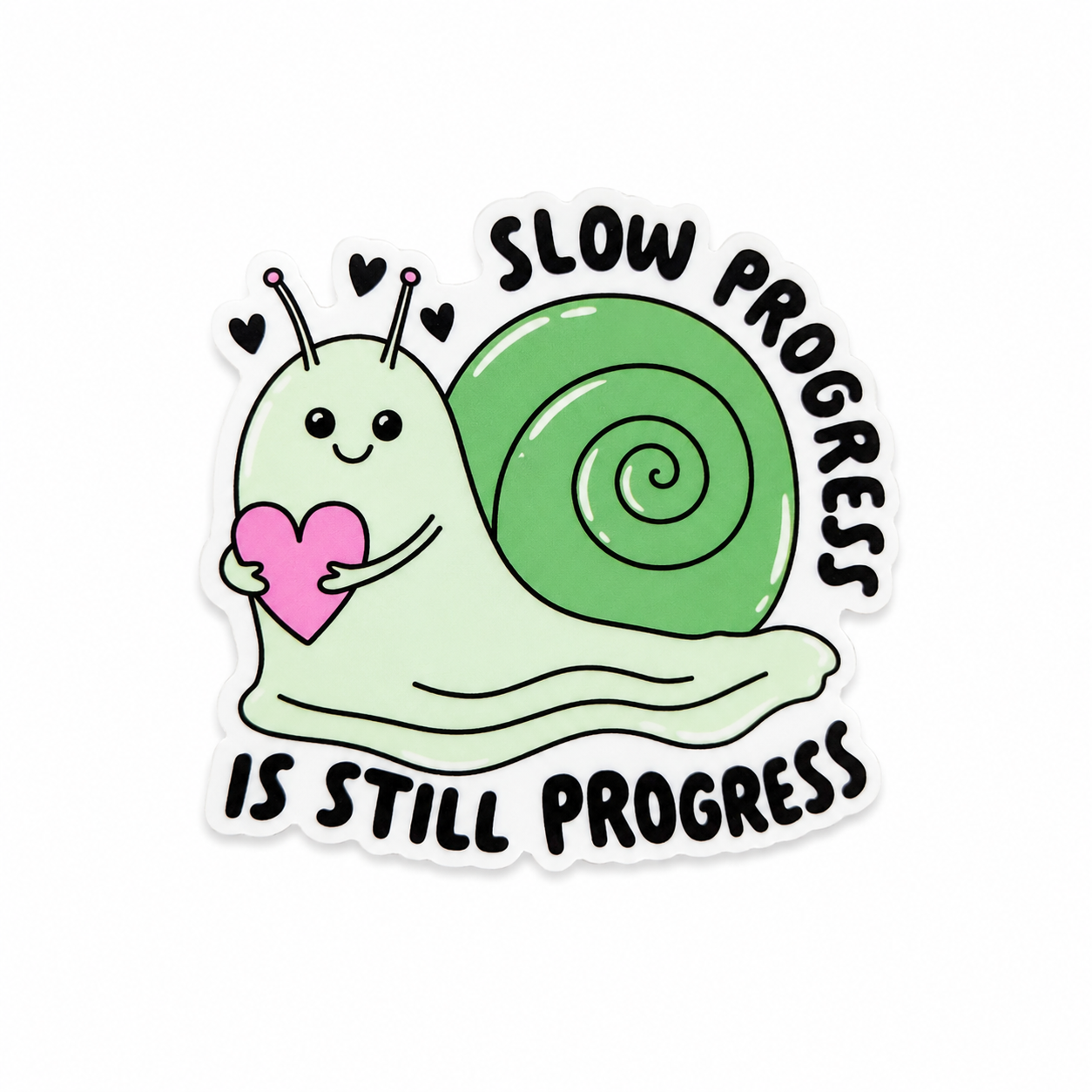 Slow Progress Is Still Progress plastic add-on with a cute green snail holding a pink heart, compatible with interchangeable badge reel bases