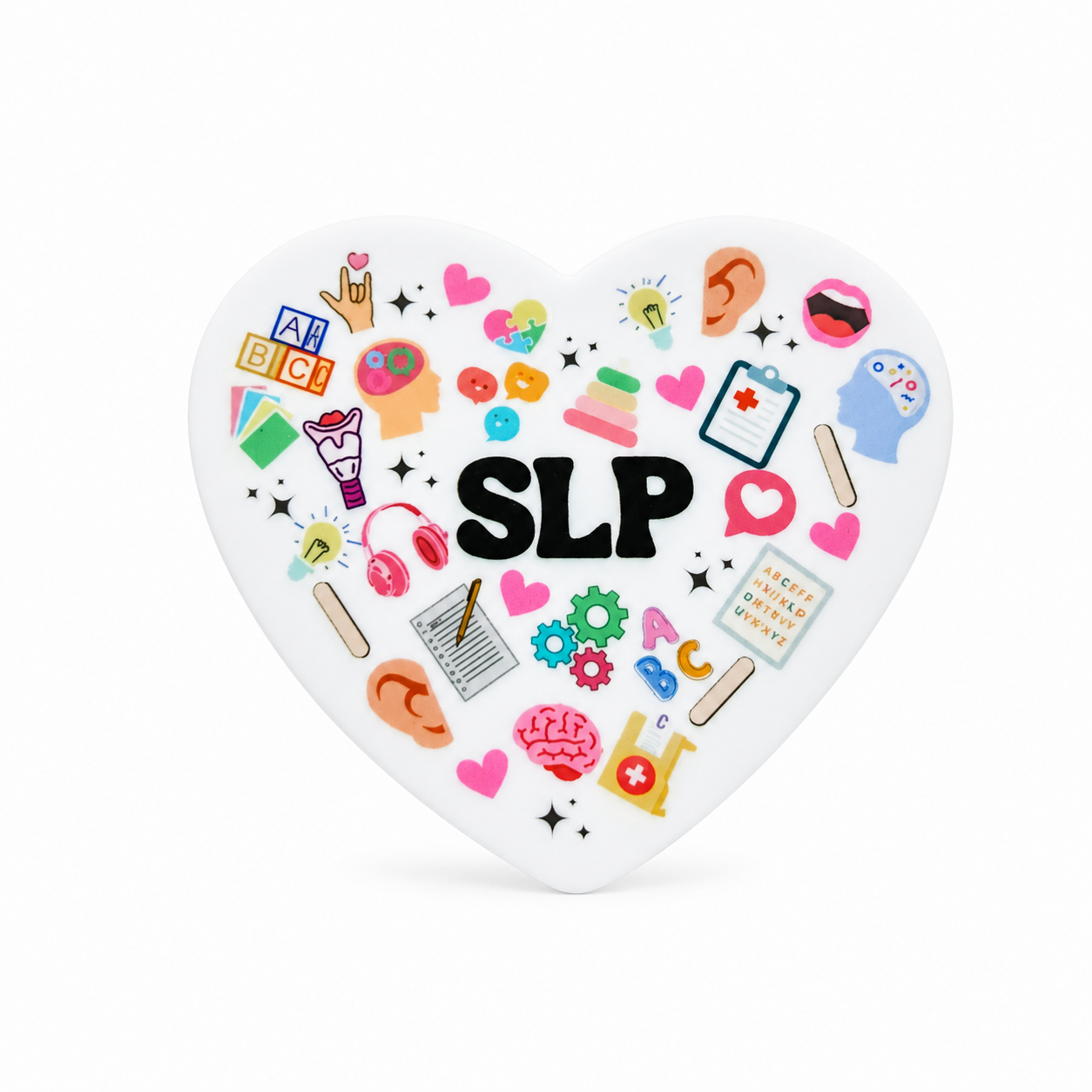 SLP plastic add-on with colorful speech therapy and communication icons, a speech language pathologist gift compatible with interchangeable badge reel bases.