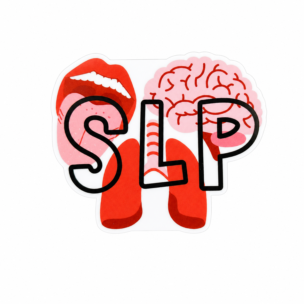 SLP plastic add-on featuring speech and language pathology artwork with a mouth, tongue, brain, and communication anatomy elements, compatible with interchangeable badge reel bases for Speech Language Pathologists.