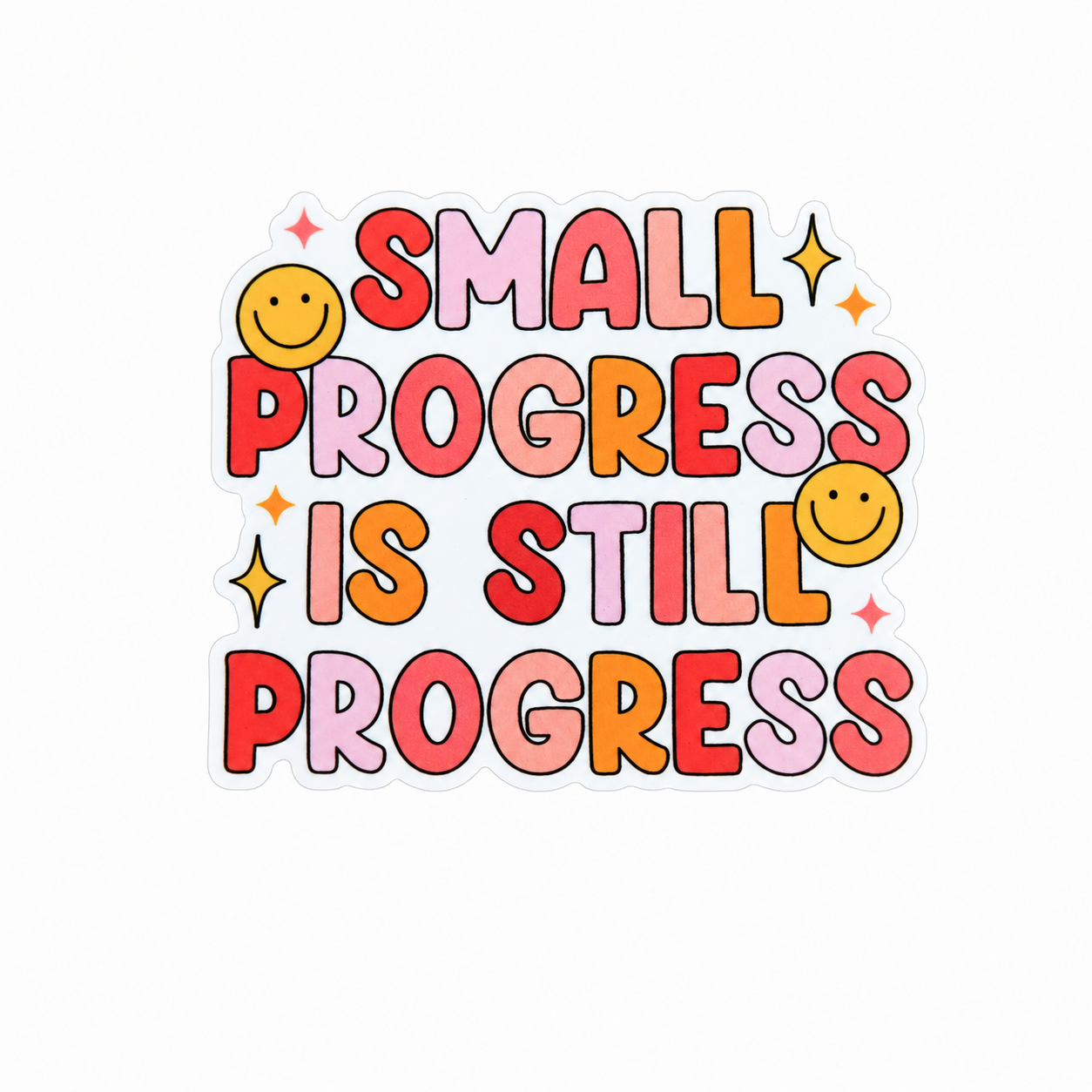 Small Progress Is Still Progress plastic add-on featuring colorful retro lettering, smiley faces, and motivational artwork, compatible with interchangeable badge reel bases and perfect for therapists, counselors, and educators.