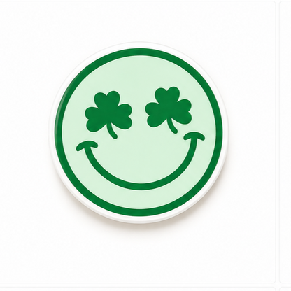 Saint Patrick’s Day smiley plastic add-on for compatible interchangeable badge reel bases featuring shamrock eyes