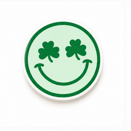 Saint Patrick’s Day smiley plastic add-on for compatible interchangeable badge reel bases featuring shamrock eyes