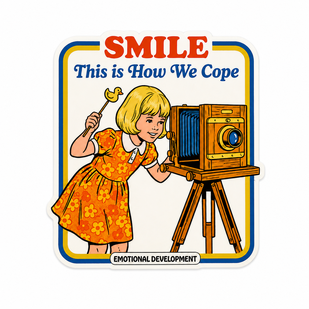SMILE This is How We Cope EMOTIONAL DEVELOPMENT plastic add-on with retro camera illustration, compatible with interchangeable badge reel bases.