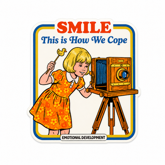 SMILE This is How We Cope EMOTIONAL DEVELOPMENT plastic add-on with retro camera illustration, compatible with interchangeable badge reel bases.