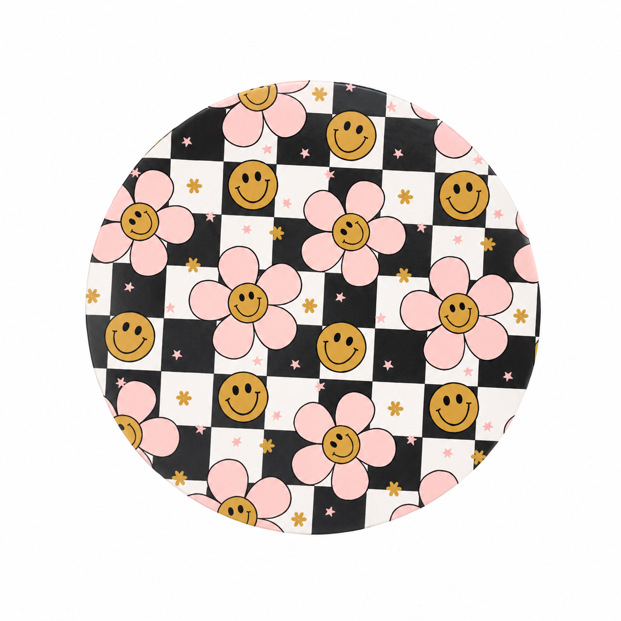 Smiley Daisy Checkered hard board add-on featuring pink daisy flowers, smiley faces, gold stars, and a black-and-white checkered pattern, compatible with interchangeable badge reel bases.