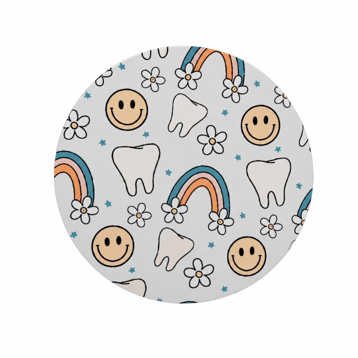 Smiley Teeth hard board add-on featuring smiling teeth, rainbows, smiley faces, and daisy flowers on a light blue background, compatible with interchangeable badge reel bases.