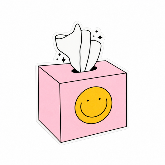 Smiley tissue box plastic add-on featuring a pastel pink tissue box with a happy face, compatible with interchangeable badge reel bases and perfect for positive vibes lovers