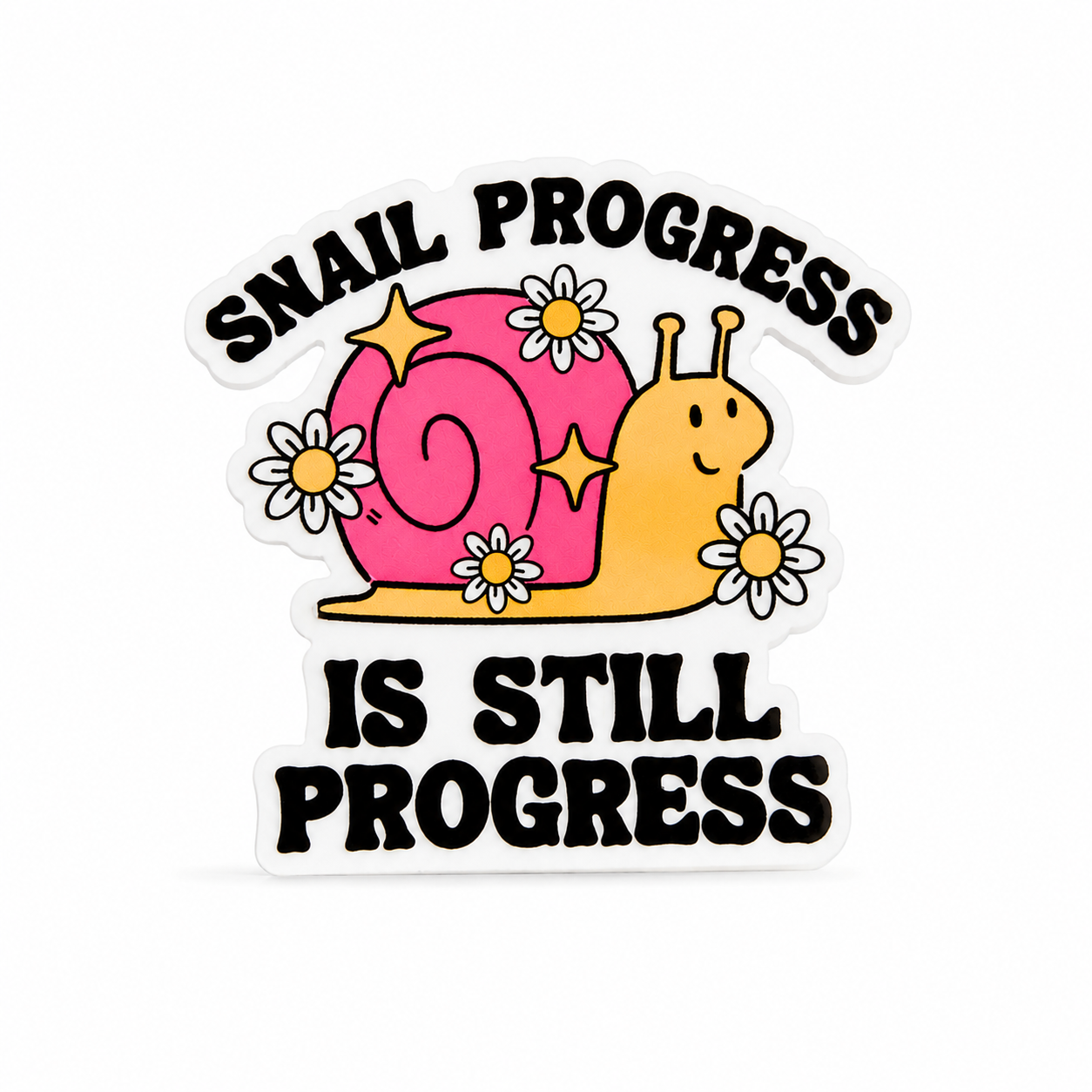 SNAIL PROGRESS IS STILL PROGRESS plastic add-on with a pink snail, daisies, and sparkles, compatible with interchangeable badge reel bases.