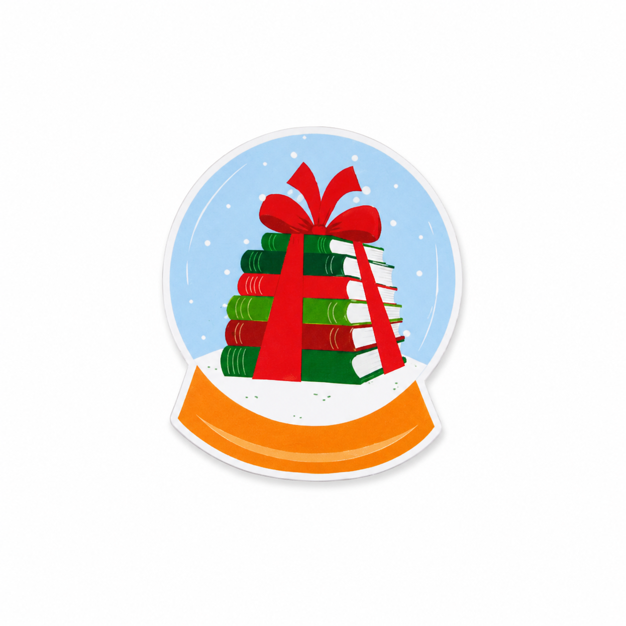 Christmas book snow globe plastic add-on with stacked festive books compatible with interchangeable badge reel bases