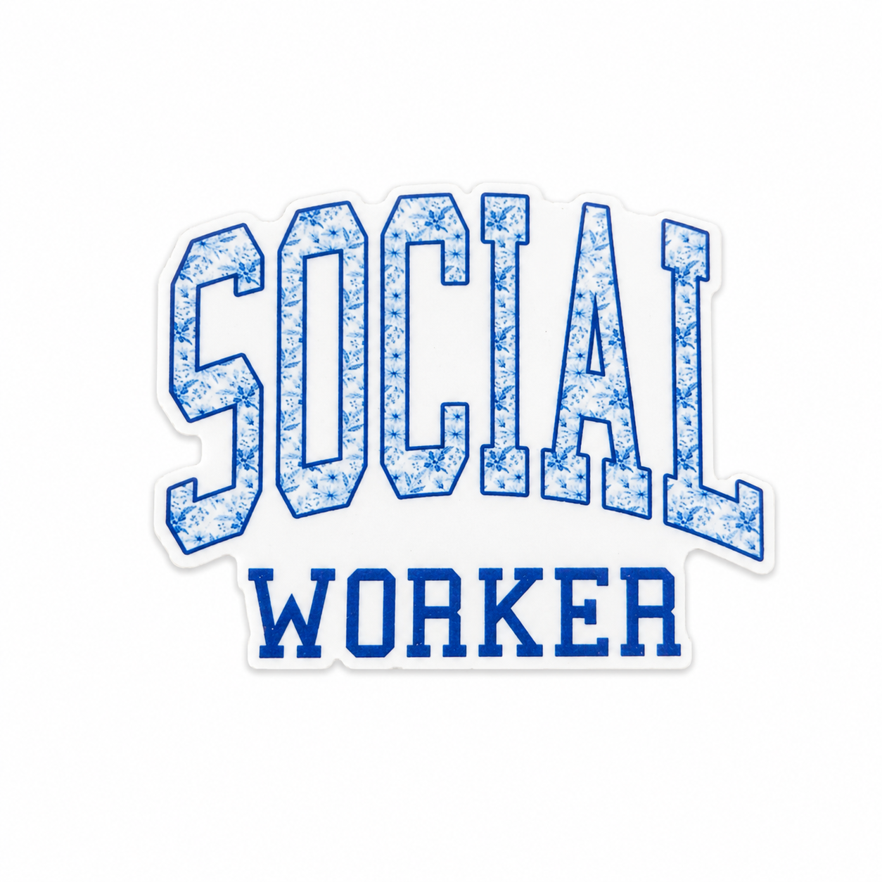 Social Worker plastic add-on featuring blue floral lettering, compatible with interchangeable badge reel bases and ideal for social work professionals.