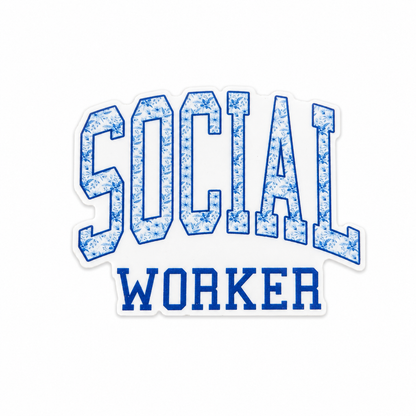 Social Worker plastic add-on featuring blue floral lettering, compatible with interchangeable badge reel bases and ideal for social work professionals.
