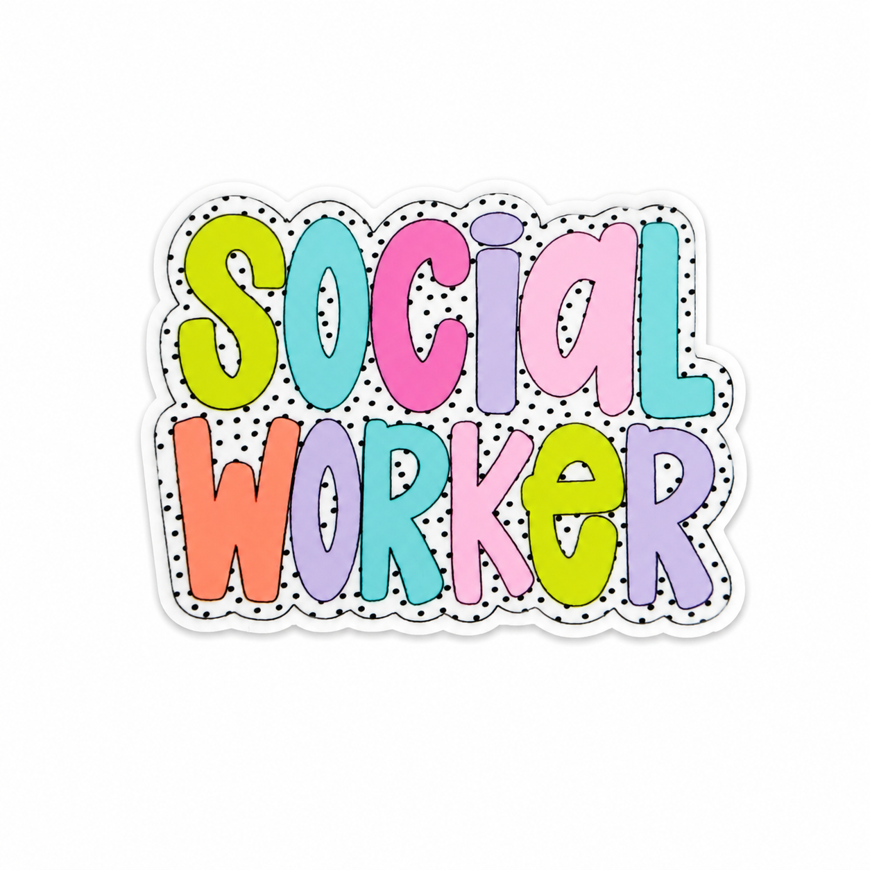 Social Worker plastic add-on featuring colorful pastel lettering and a playful dotted background, compatible with interchangeable badge reel bases.