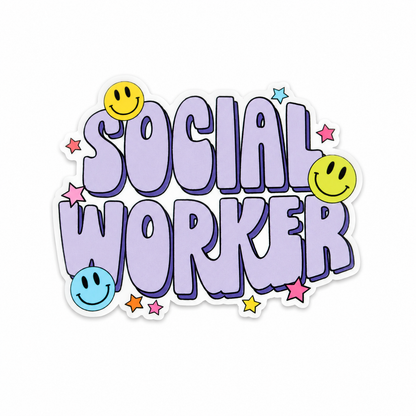 Social Worker plastic add-on featuring pastel lettering, colorful smiley faces, and stars, compatible with interchangeable badge reel bases.