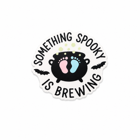 Something Spooky Is Brewing plastic add-on with pastel baby footprints and cauldron Halloween design compatible with interchangeable badge reel bases