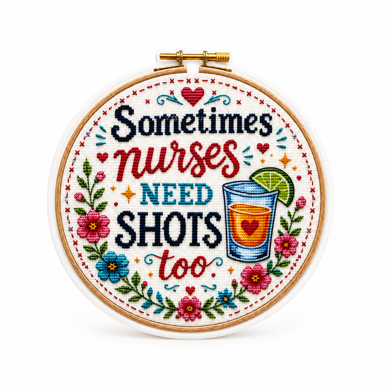 Plastic add-on with embroidered-style flowers, two shot glasses, and lime, a funny nurse accessory compatible with interchangeable badge reel bases.