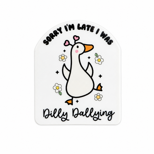 Sorry I’m Late I Was Dilly Dallying silly goose plastic add-on with flowers and a whimsical cottagecore style, compatible with interchangeable badge reel bases