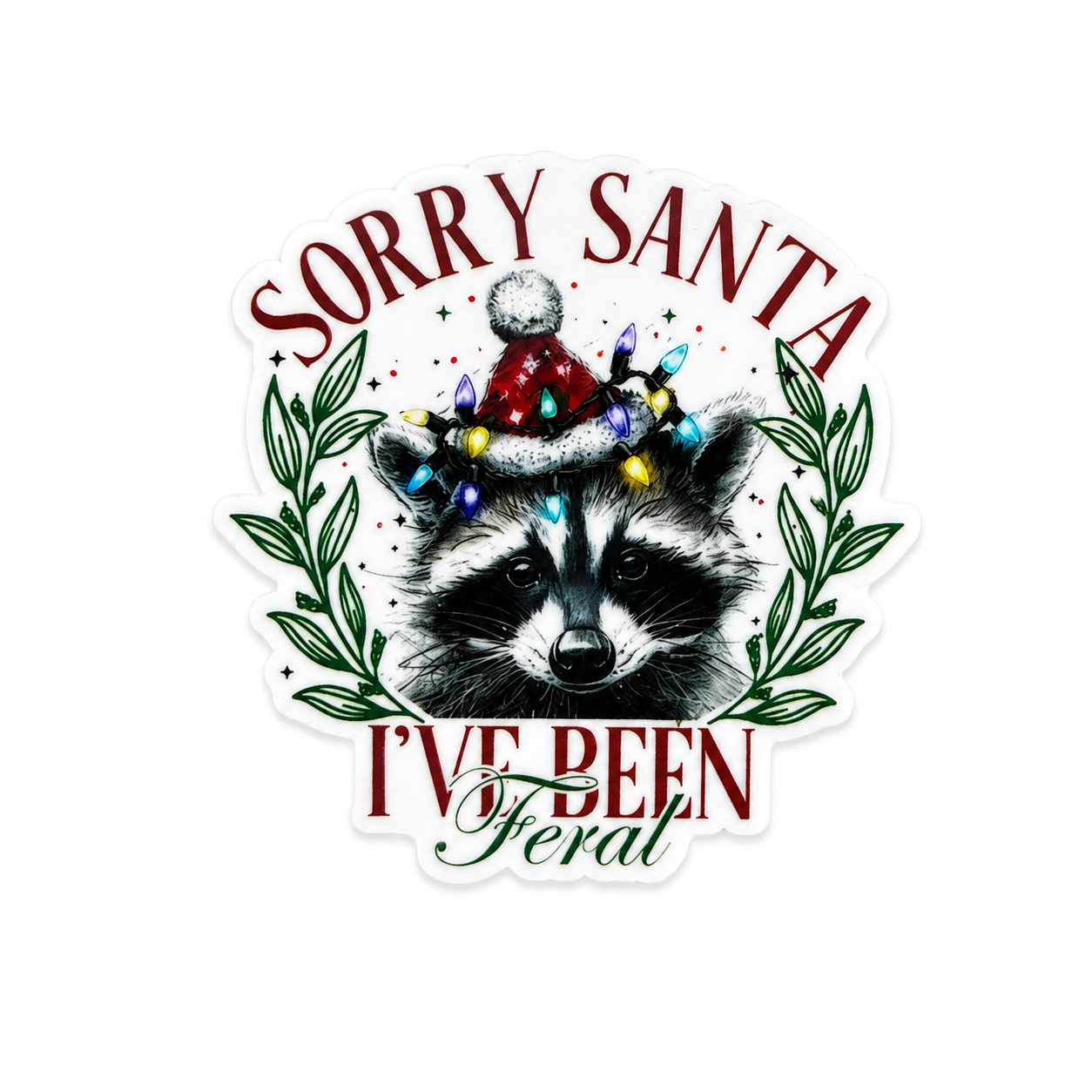 Plastic add-on featuring the phrase Sorry Santa I've Been Feral with a raccoon wearing a Santa hat and Christmas lights, compatible with interchangeable badge reel bases and perfect for holiday humor lovers.