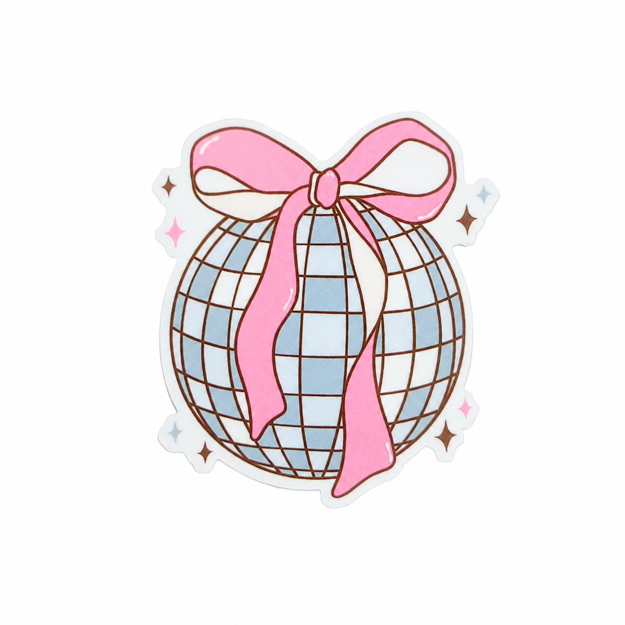 Disco ball plastic add-on with a pink bow and sparkling accents, compatible with interchangeable badge reel bases, cute coquette and retro aesthetic accessory