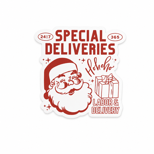 Special Deliveries Christmas plastic add-on featuring festive Santa artwork for Labor and Delivery, OBGYN, NICU, and compatible interchangeable badge reel bases.