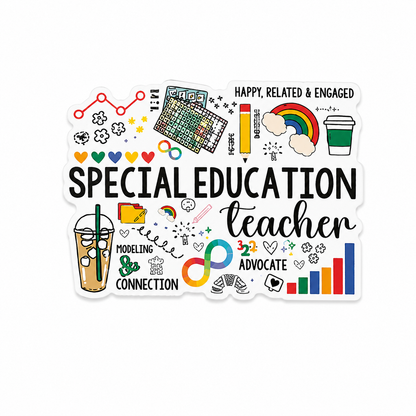 Special Education Teacher plastic add-on with colorful classroom icons and rainbow design compatible with interchangeable badge reel bases
