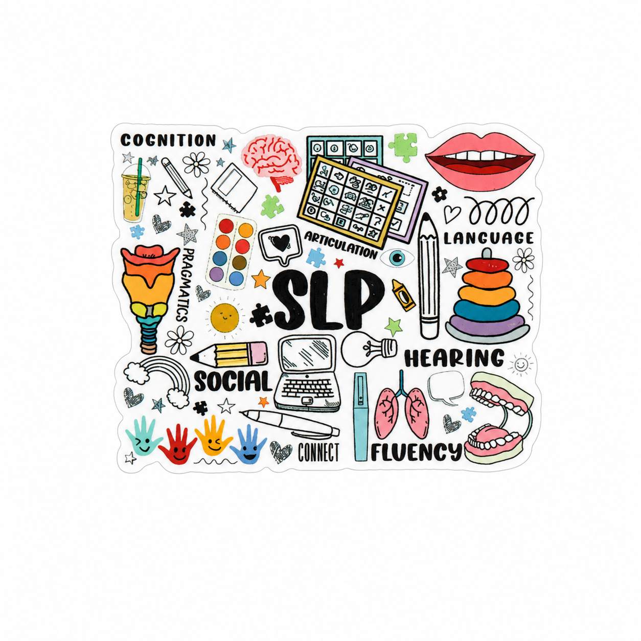 SLP plastic add-on featuring cognition, pragmatics, articulation, language, hearing, social, fluency, and speech therapy themed illustrations, compatible with interchangeable badge reel bases for speech language pathologists.