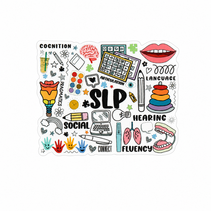 SLP plastic add-on featuring cognition, pragmatics, articulation, language, hearing, social, fluency, and speech therapy themed illustrations, compatible with interchangeable badge reel bases for speech language pathologists.