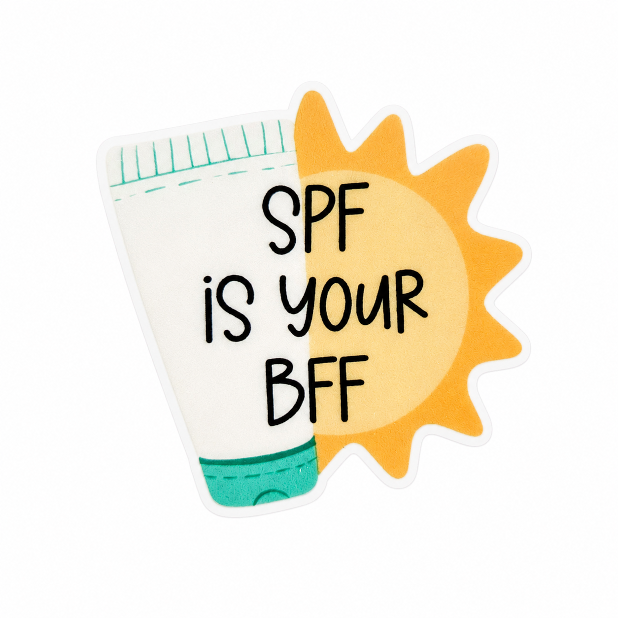 SPF IS YOUR BFF plastic add-on featuring a sunscreen tube and sunshine design, compatible with interchangeable badge reel bases for dermatology professionals.
