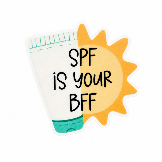 SPF IS YOUR BFF plastic add-on featuring a sunscreen tube and sunshine design, compatible with interchangeable badge reel bases for dermatology professionals.

