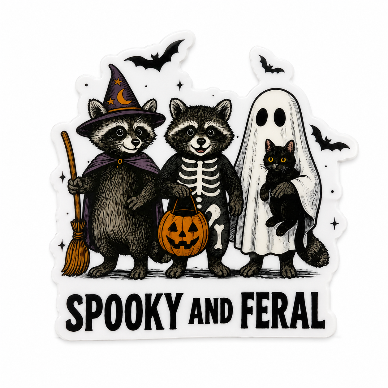 SPOOKY AND FERAL plastic add-on with Halloween raccoons, bats, pumpkin pail, and black cat, compatible with interchangeable badge reel bases.