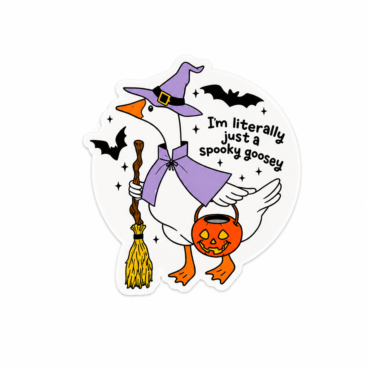 Spooky goose Halloween plastic add-on with witch hat and pumpkin bucket compatible with interchangeable badge reel bases